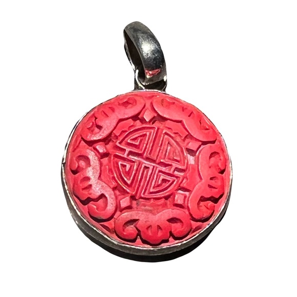 Genuine Lucky Red Cinnabar Set in Silver Pendant - Picture 1 of 3